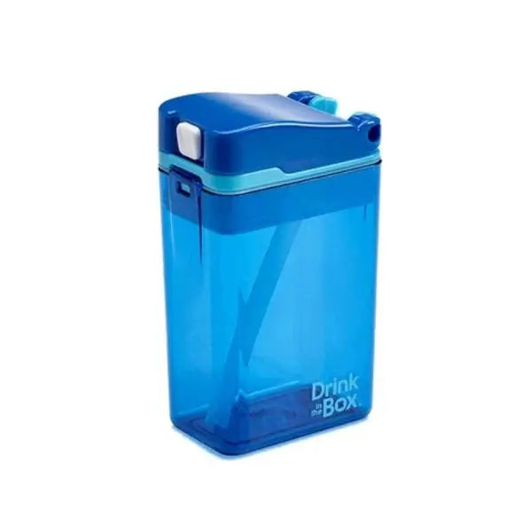 Drink In The Box blue kids' water bottle with secure flip-top lid and carrying handle.