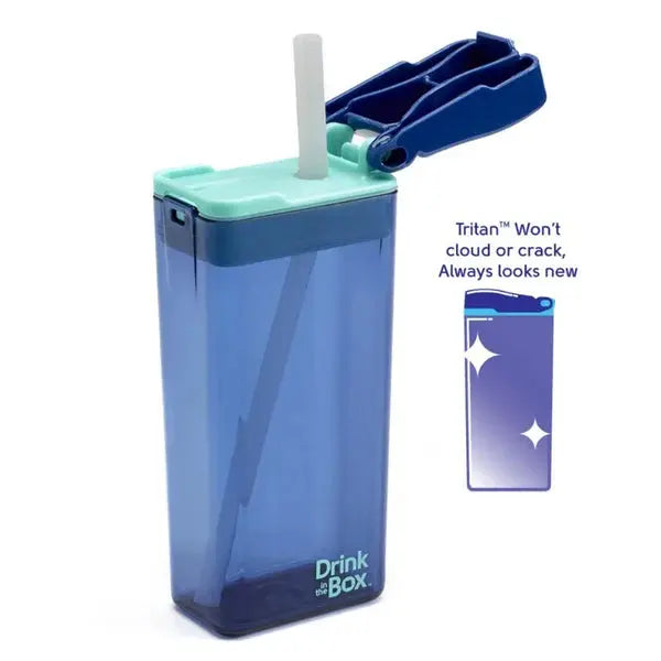 Drink in the Box blue Tritan water bottle with mint lid and flip-spout cap, lid flipped open for easy drinking.