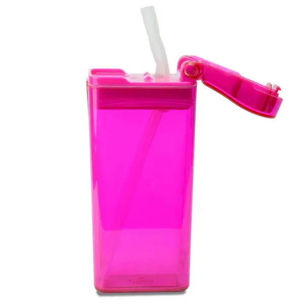 Drink In The Box pink plastic water bottle with straw; flip-top lid open, demonstrating easy sipping.