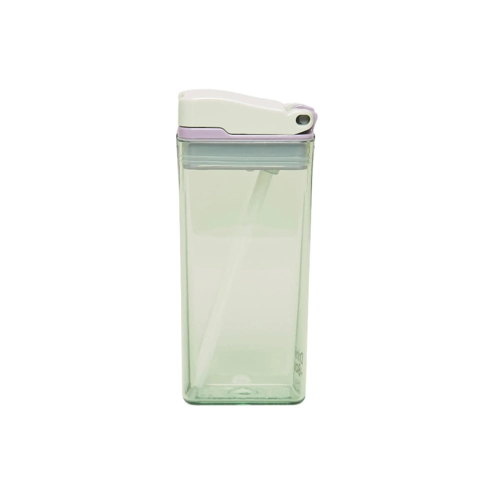 Drink In The Box water bottle in mint green translucent plastic, white lid, straw visible inside