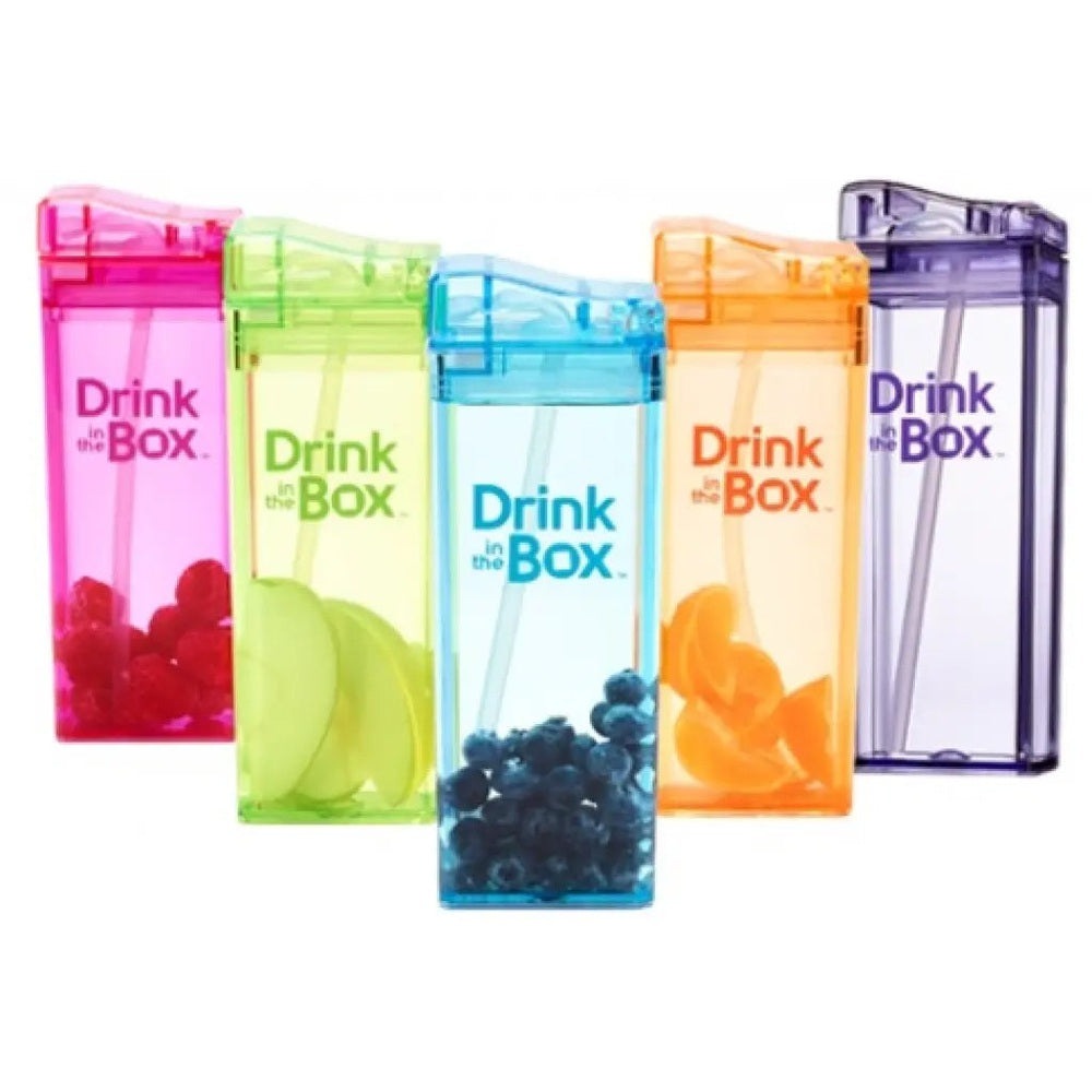 Drink In The Box water bottle set: five translucent bottles in pink, lime, blue, orange, purple with built-in straws.