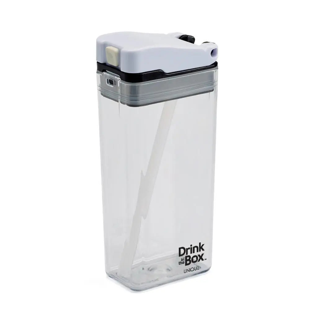 Drink In The Box water bottle, clear bottle with grey lid and built-in straw