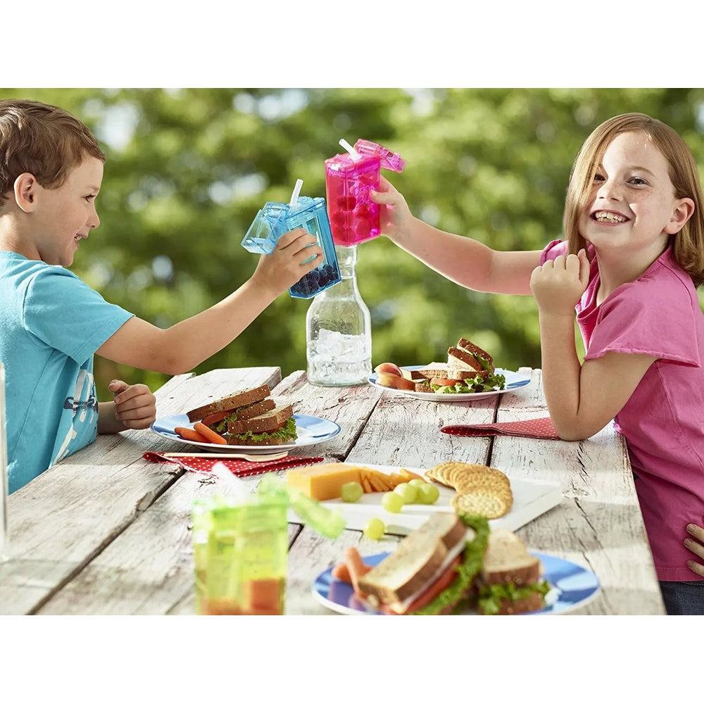 Drink In The Box water bottles in blue and pink with straws, clinked by two kids at a sunny picnic.