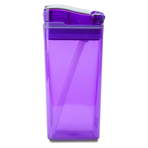 Drink In The Box purple translucent water bottle with built‑in straw, angled straw ready for a sip