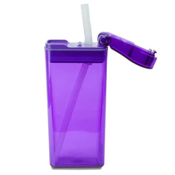 Drink In The Box water bottle, purple plastic with straw; flip-top lid swung open for easy sipping.