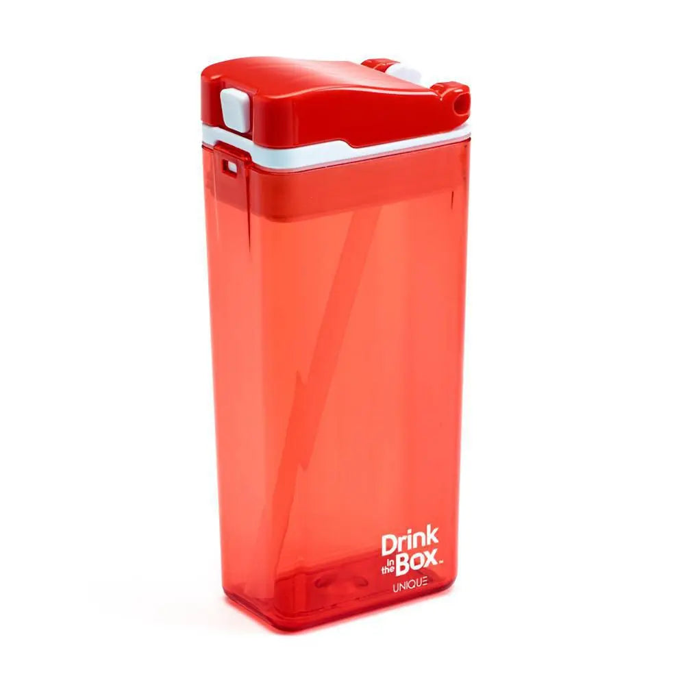 Drink In The Box red translucent water bottle with white flip-top lid shown standing upright.