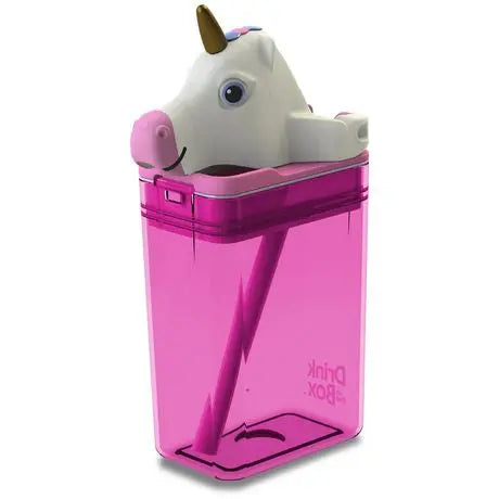 Drink In The Box Fun Tops unicorn water bottle in pink translucent plastic with white unicorn lid and straw ready for sipping.