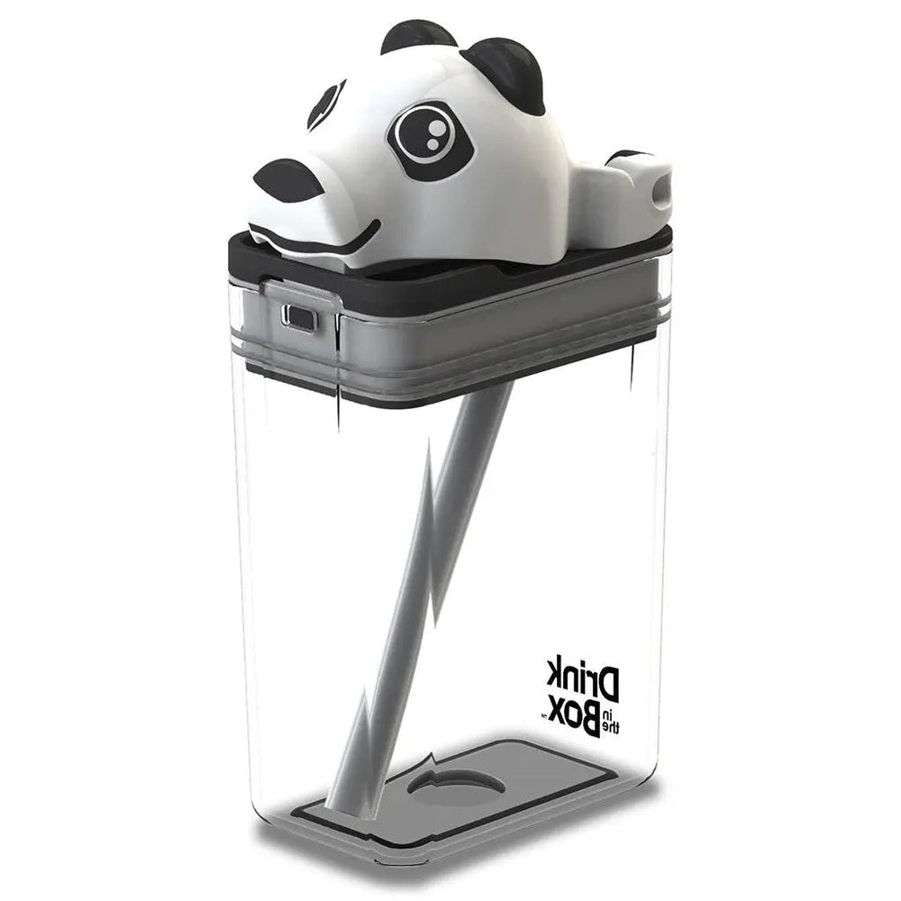 Drink In The Box Fun Tops panda-lid water bottle with clear bottle, shown with a panda head cap.