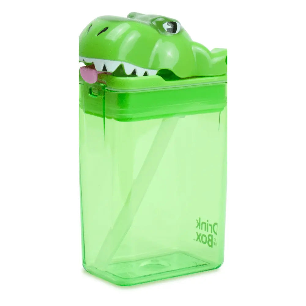Drink In The Box Fun Tops water bottle in bright green with a dinosaur lid perched on top.