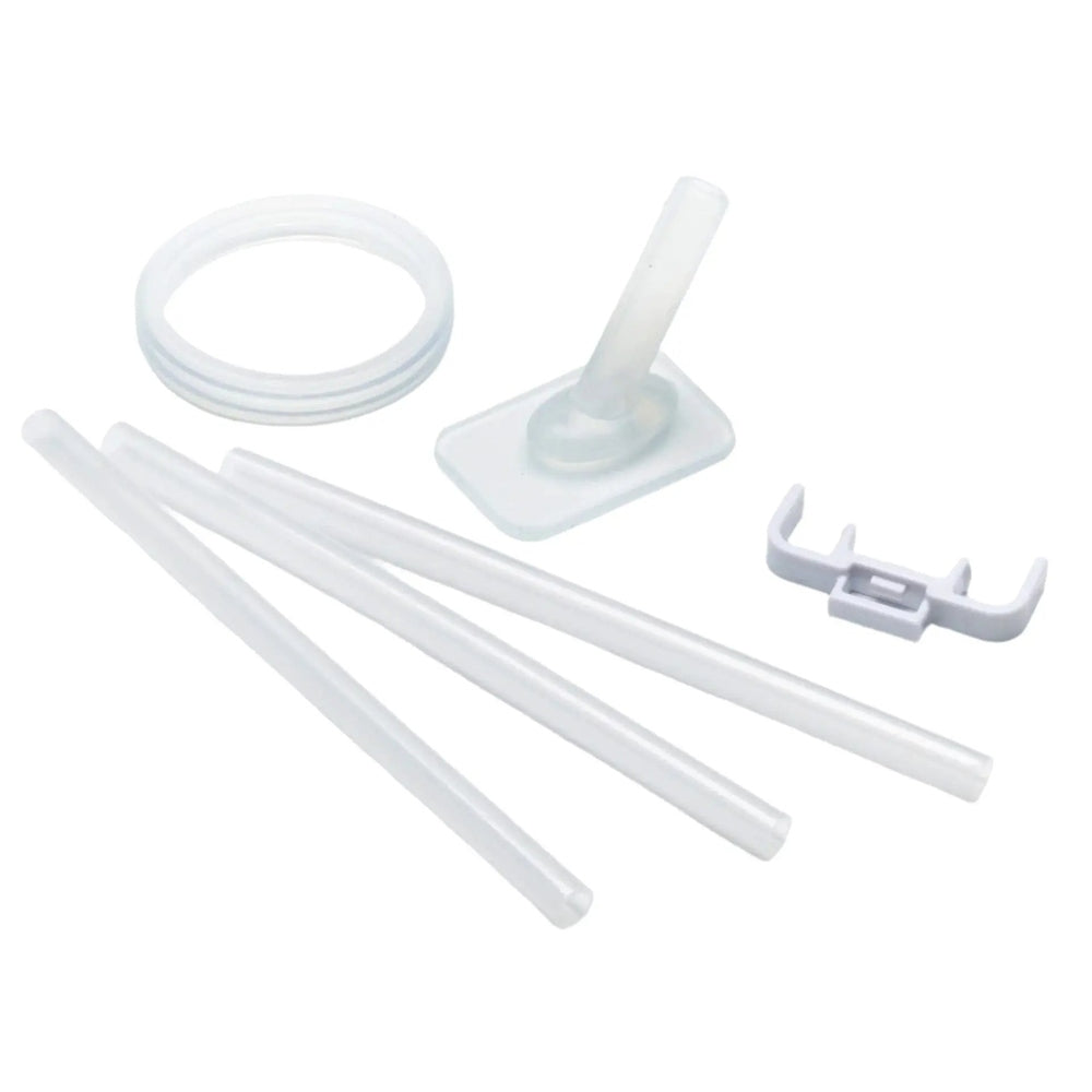 Drink In The Box replacement parts kit, white components with 3 straws, mouthpiece, ring, and clip laid out for easy assembly.