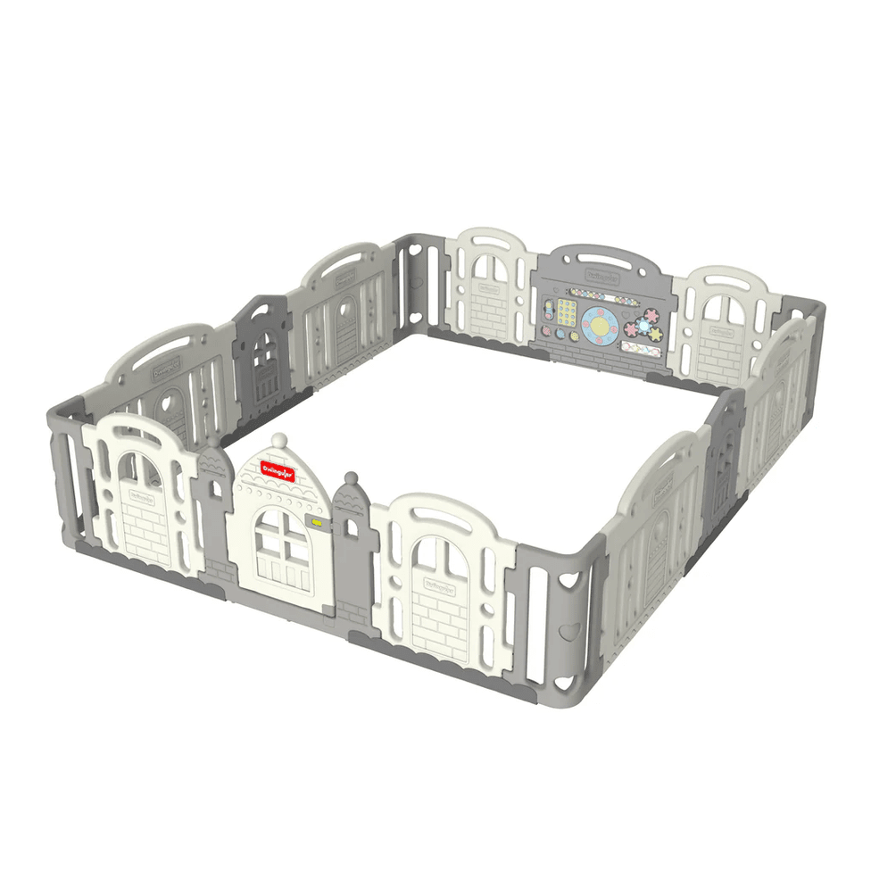 Dwinguler Castle Extension Set play yard in downy grey with modular grey and white panels for a secure baby play area