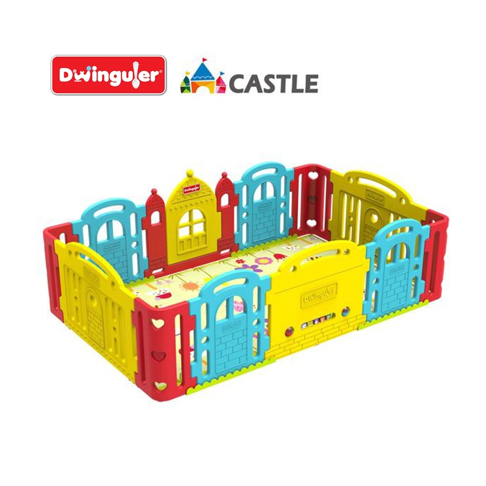 Dwinguler Castle Extension Set Rainbow play yard with bright multicolor panels forming a secure enclosed play space