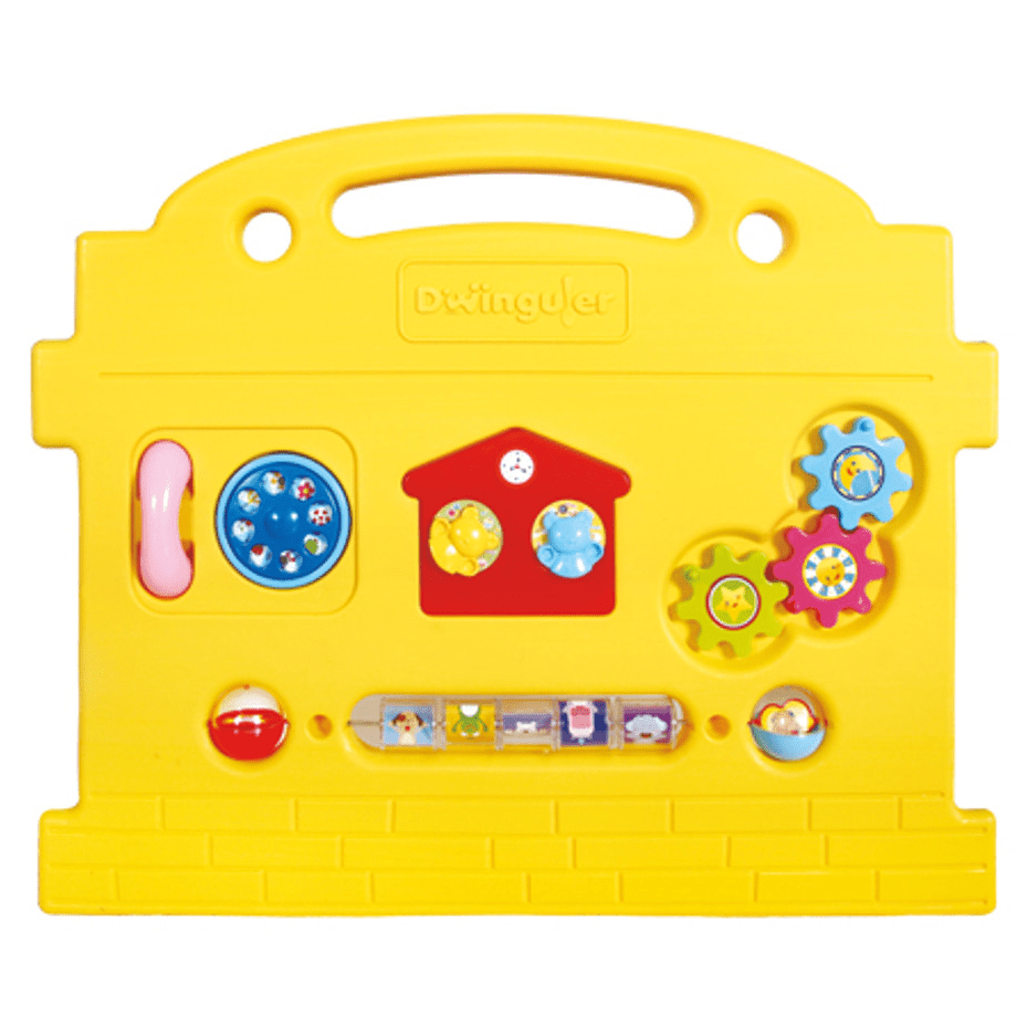 Dwinguler Castle Extension Set Rainbow play panel in bright yellow with rotating colorful gears and house icon.
