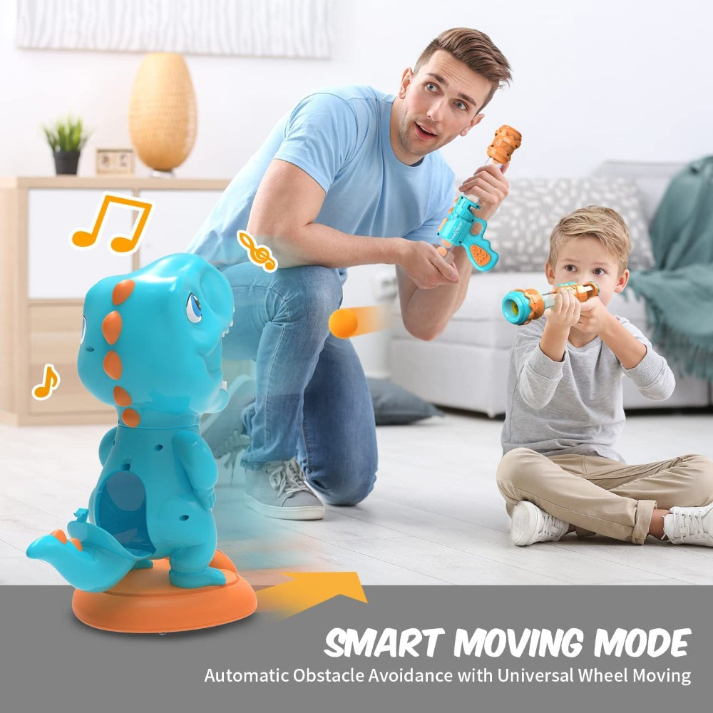 Eagle Stone Dinosaur Shooting Game Toy Kit; blue dinosaur with orange accents; kids play with toy blaster guns