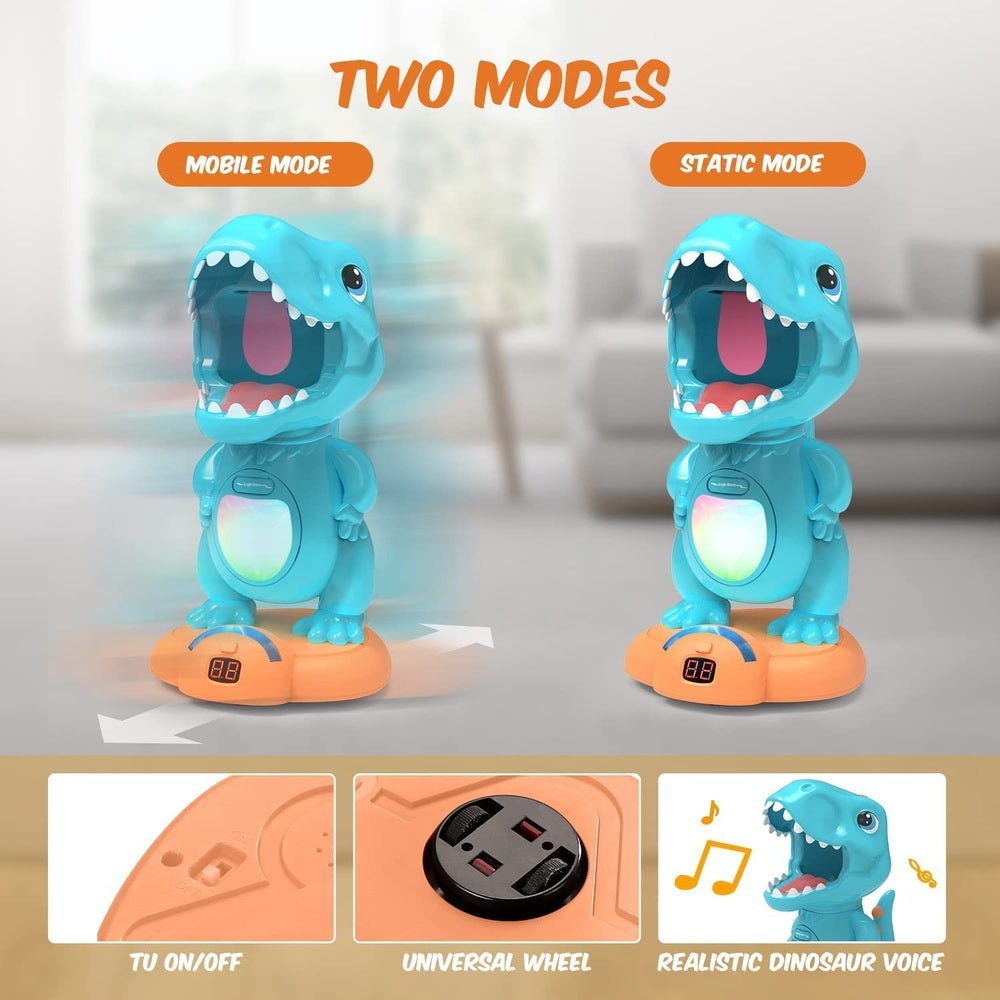 Eagle Stone dinosaur shooting game toy kit; two blue T-rex figures with LED bellies on orange bases.