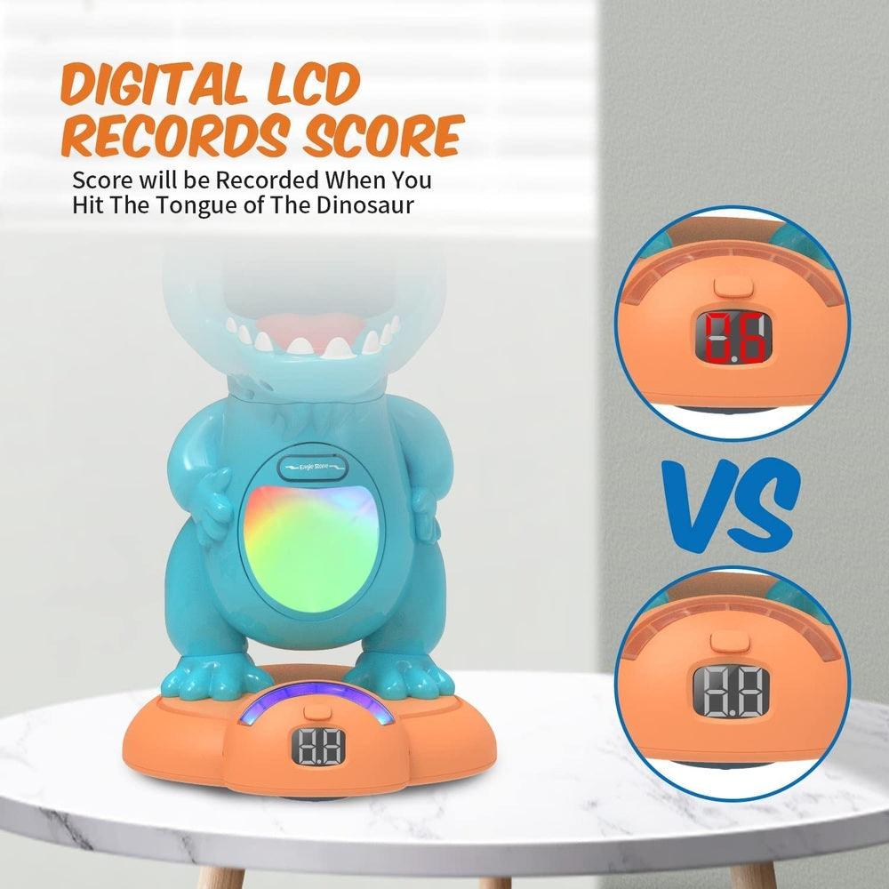 Eagle Stone dinosaur shooting game toy; blue dinosaur on orange base with digital score display
