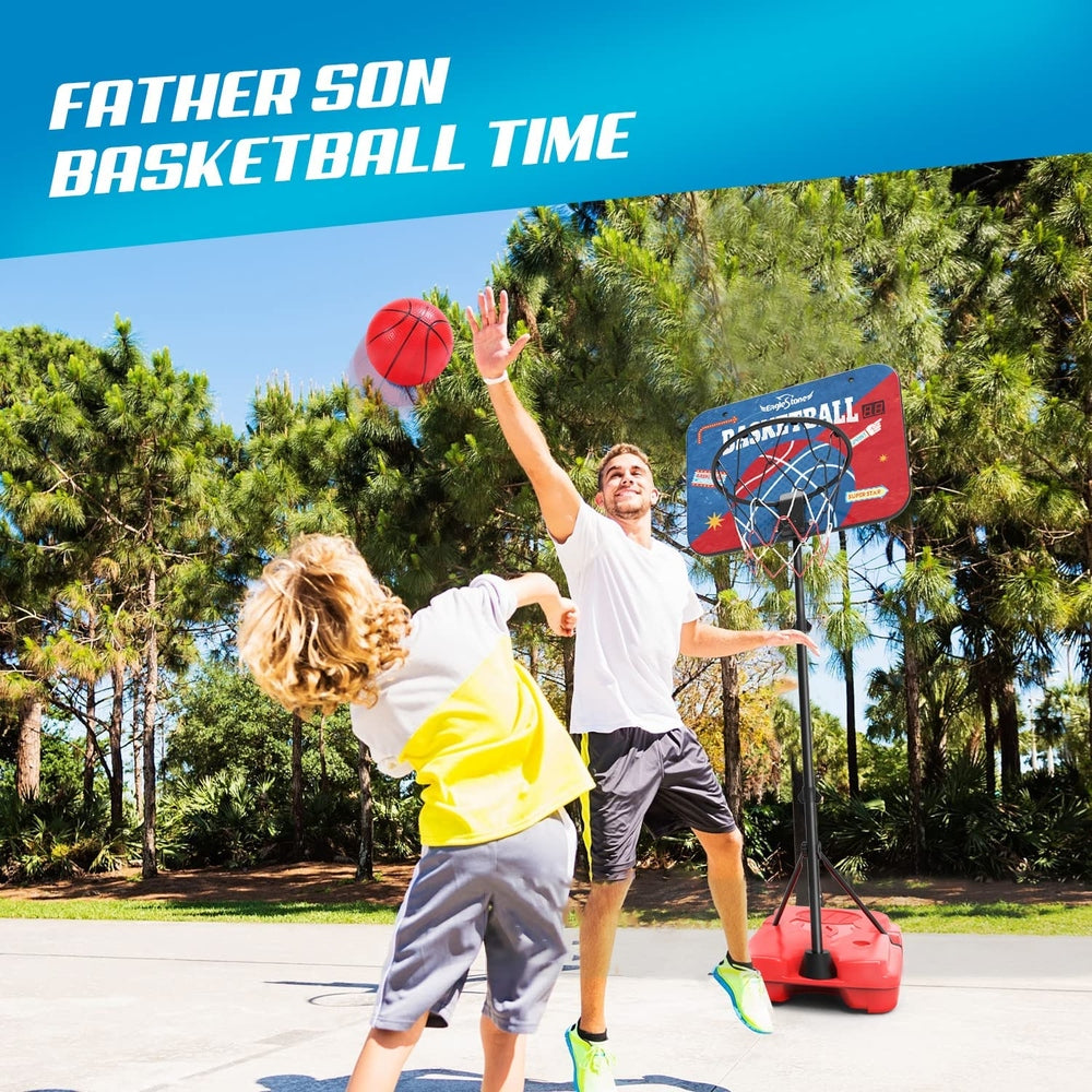 Eagle Stone Kids Basketball Hoop Set, portable base, for indoor or outdoor use, two players on sunny court.
