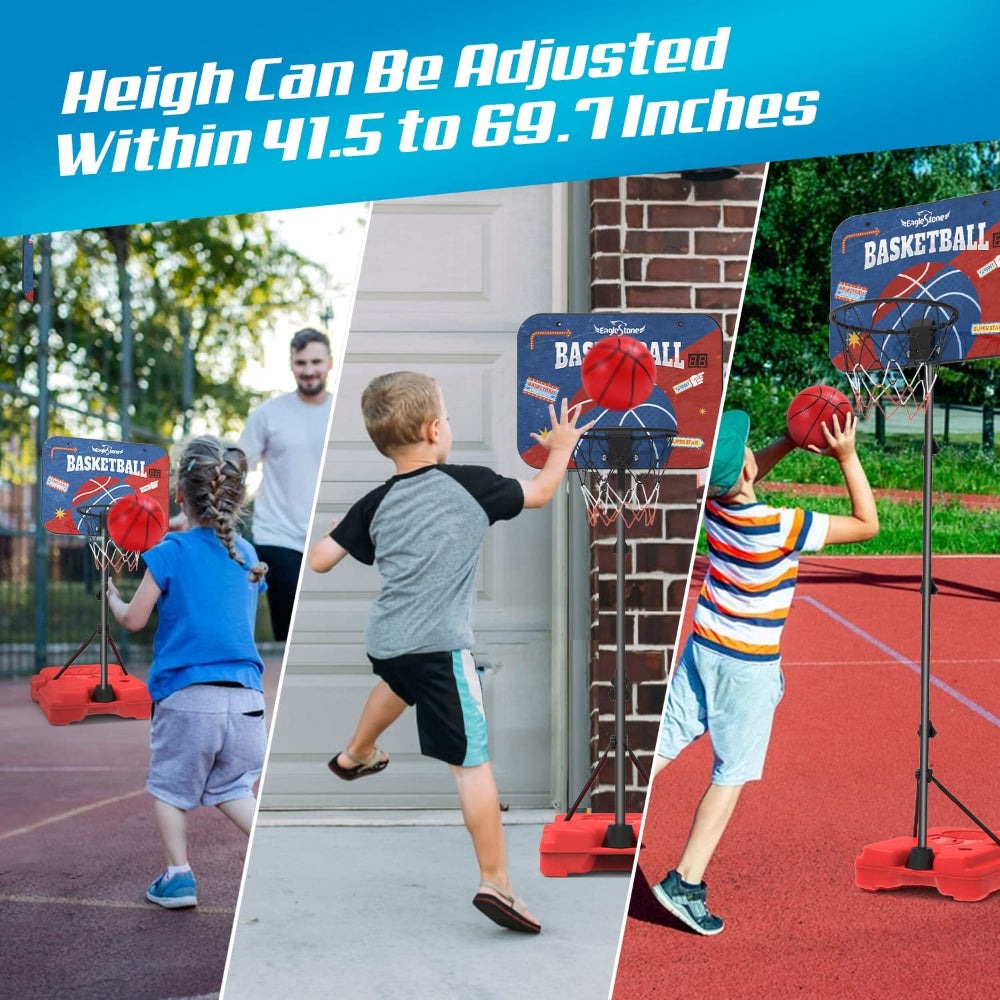 Eagle Stone kids basketball hoop set with portable base for indoor and outdoor play, red backboard