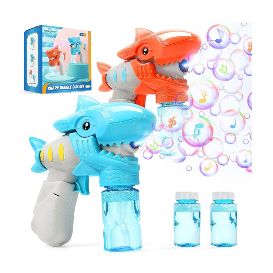 Eagle Stone Shark Bubble Gun Set: blue and orange toy guns with bubble bottles, 2-pack.