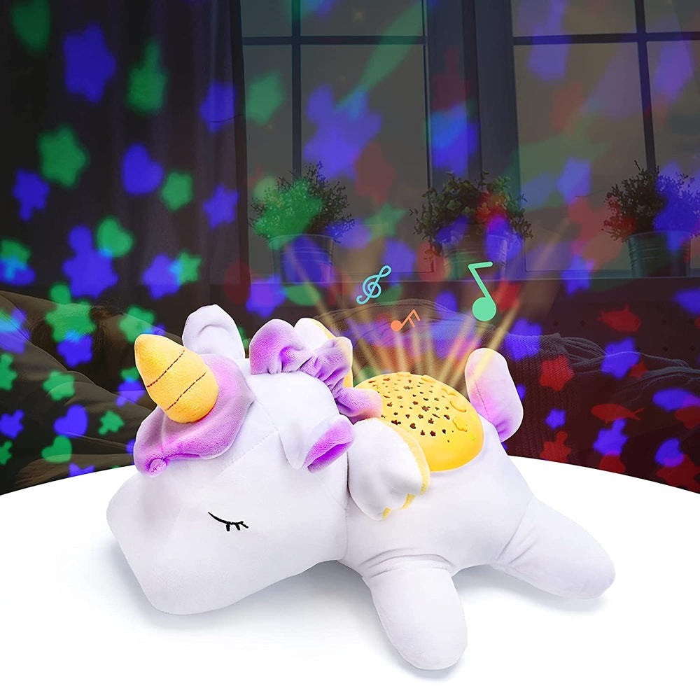 Eagle Stone stuffed unicorn baby sleep soother; white plush with pastel purple mane and orange horn.