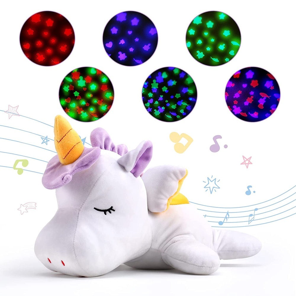 Eagle Stone unicorn stuffed animal sleep soother with purple mane and multicolor light projections