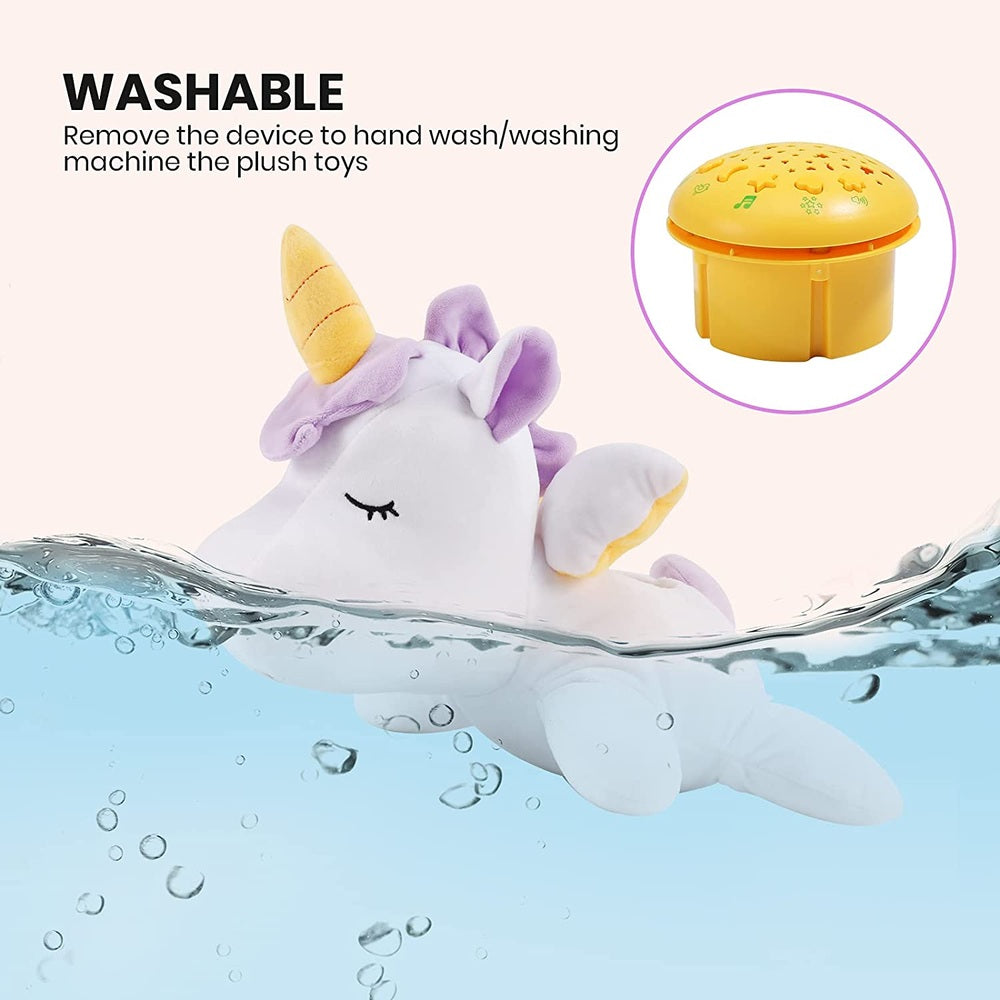 Eagle Stone stuffed unicorn sleep-soother plush, white with purple mane and yellow horn, washable