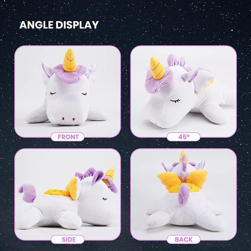 Unicorn plush stuffed animal baby sleep soother by Eagle Stone; white with purple mane and yellow horn, shown in front, 45°, side, and back views.