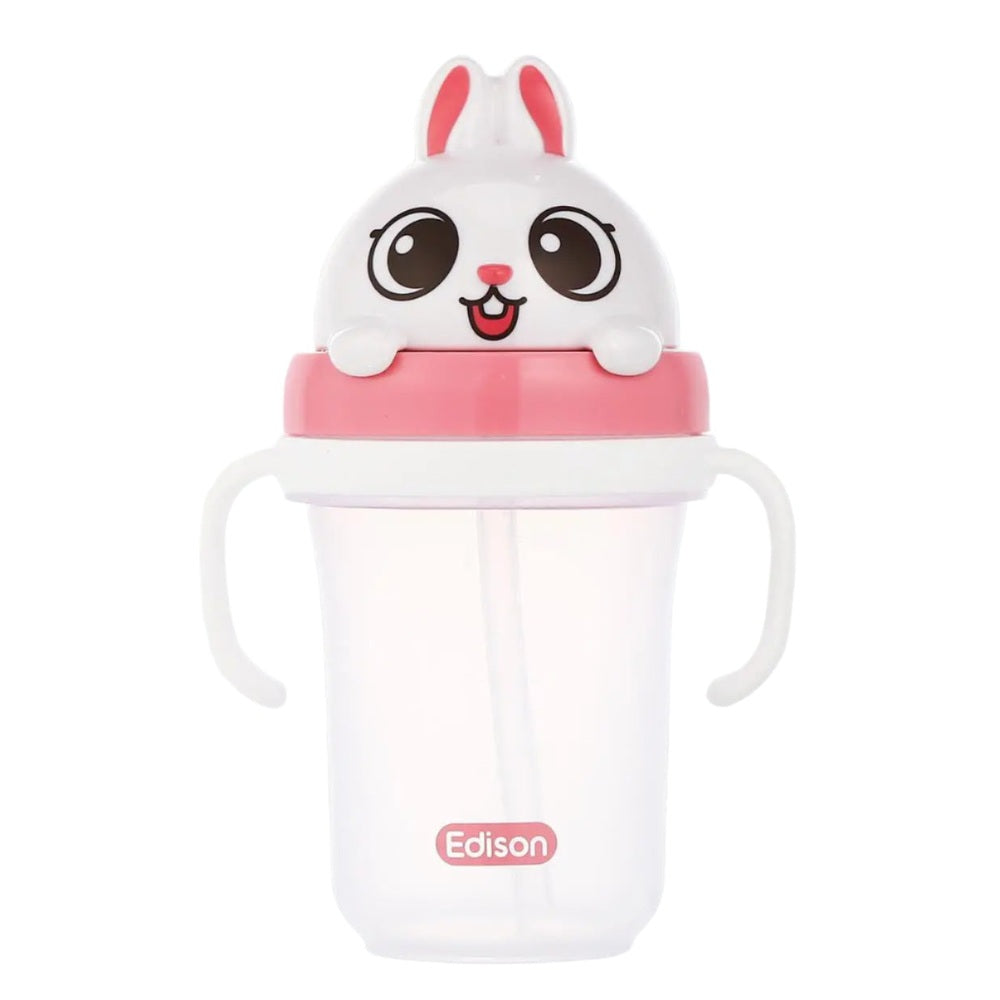 Edison 3D Straw Cup2 white sippy cup with pink lid and bunny topper, dual handles for easy grip.