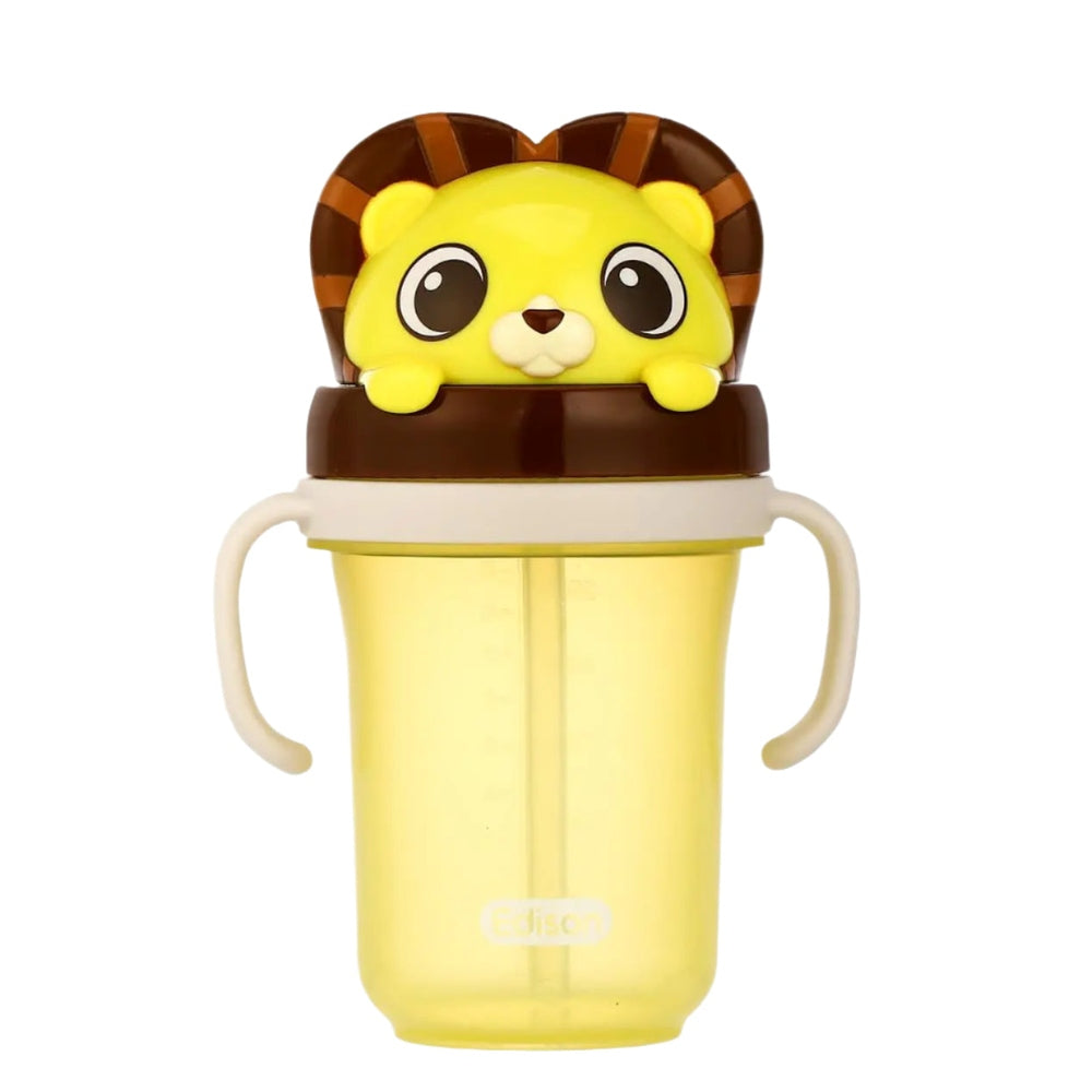 Edison 3D Straw Cup2 yellow sippy cup with lion head lid and dual handles for easy grip