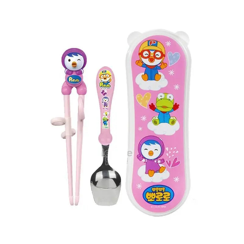 EDISON Chopsticks Easy Hard Case Set in pink case with cartoon characters; includes training chopsticks and spoon.