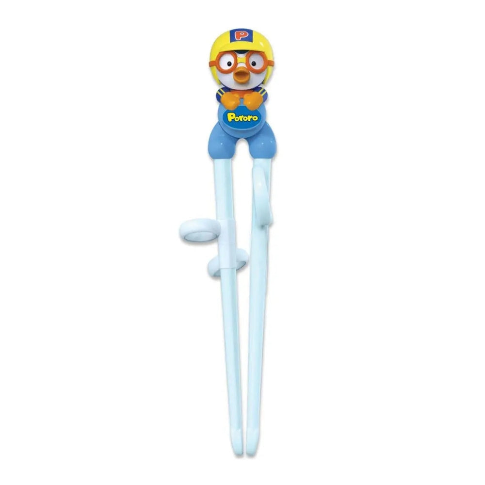 Edison Chopsticks Pororo (Right Handed) training chopsticks with a yellow-helmet figure gripping blue outfit on light-blue sticks.