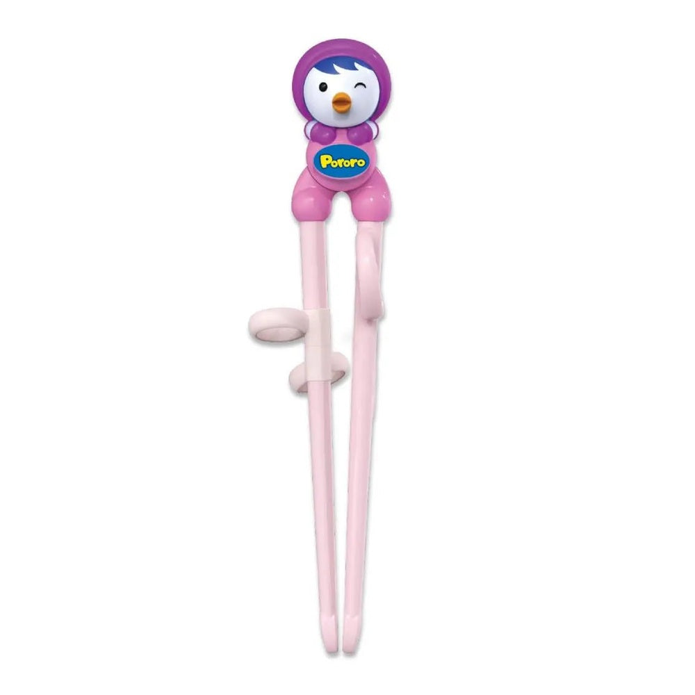 Chopsticks Edison Pororo right-handed training set in pink with a penguin head topper.