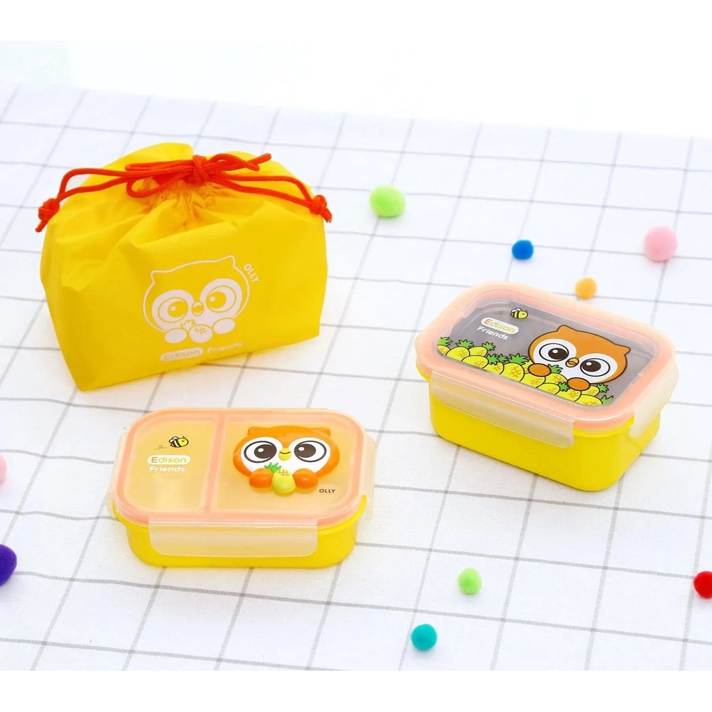 Edison Comfortable Stainless Picnic Lunch Box Set With Pouch: bright yellow containers with pink lids and a matching pouch ready for kids’ lunches.