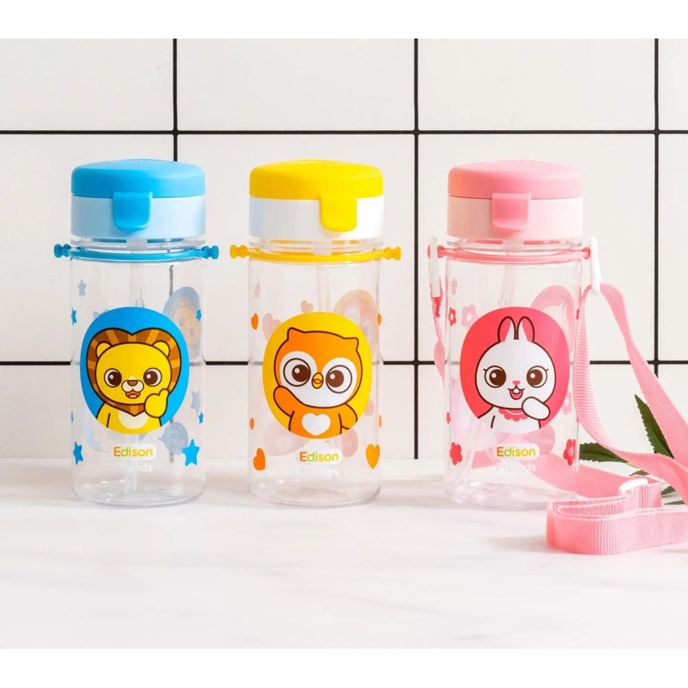 Edison Comfortable Tritan Straw Cup trio in blue, yellow and pink lids with cartoon animals and built-in straws.