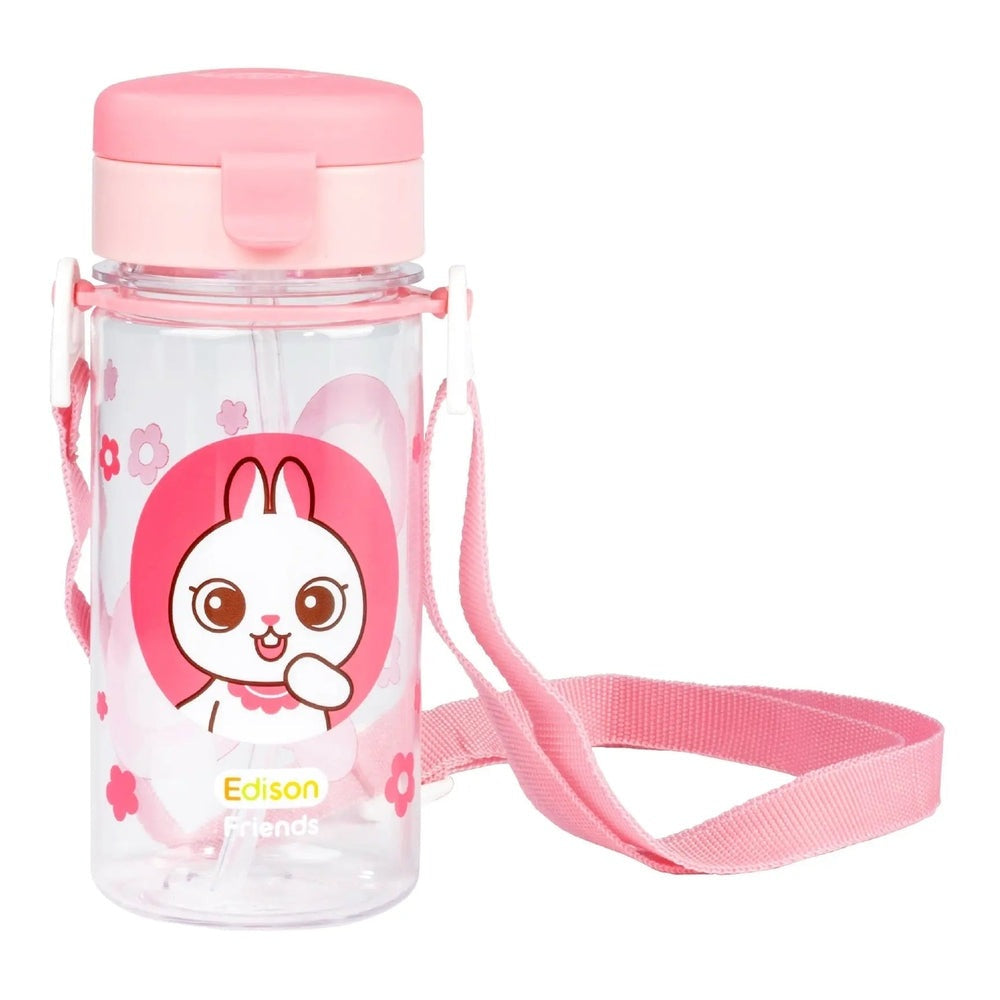 Edison Comfortable Tritan Straw Cup for kids, pink bunny design with a pink carry strap attached.