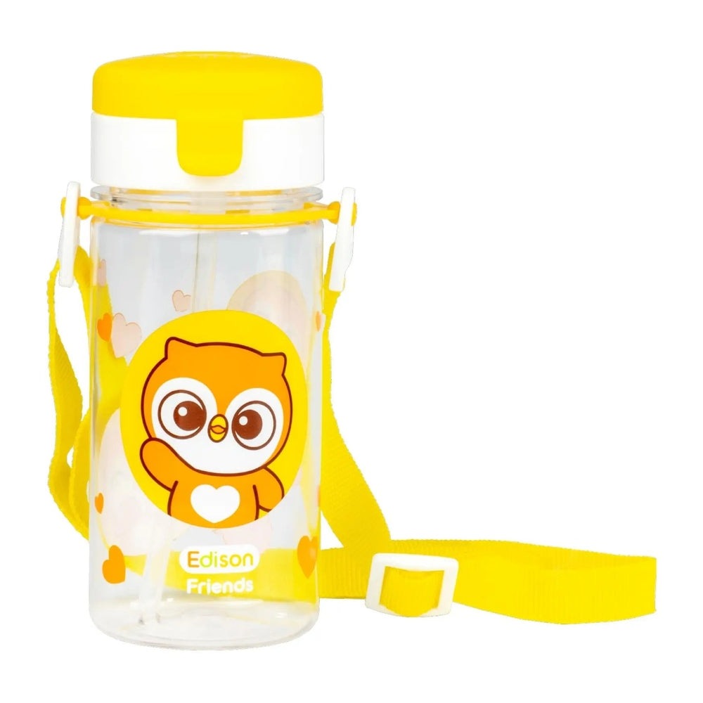 Edison Comfortable Tritan Straw Cup with yellow lid and carry strap, featuring a cute owl graphic.