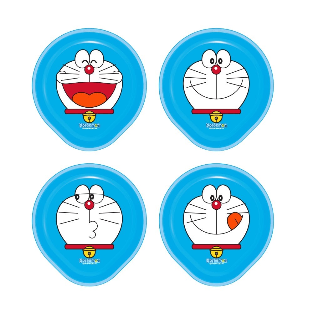 Edison Doraemon 4-piece blue plate set featuring four playful Doraemon faces for toddlers