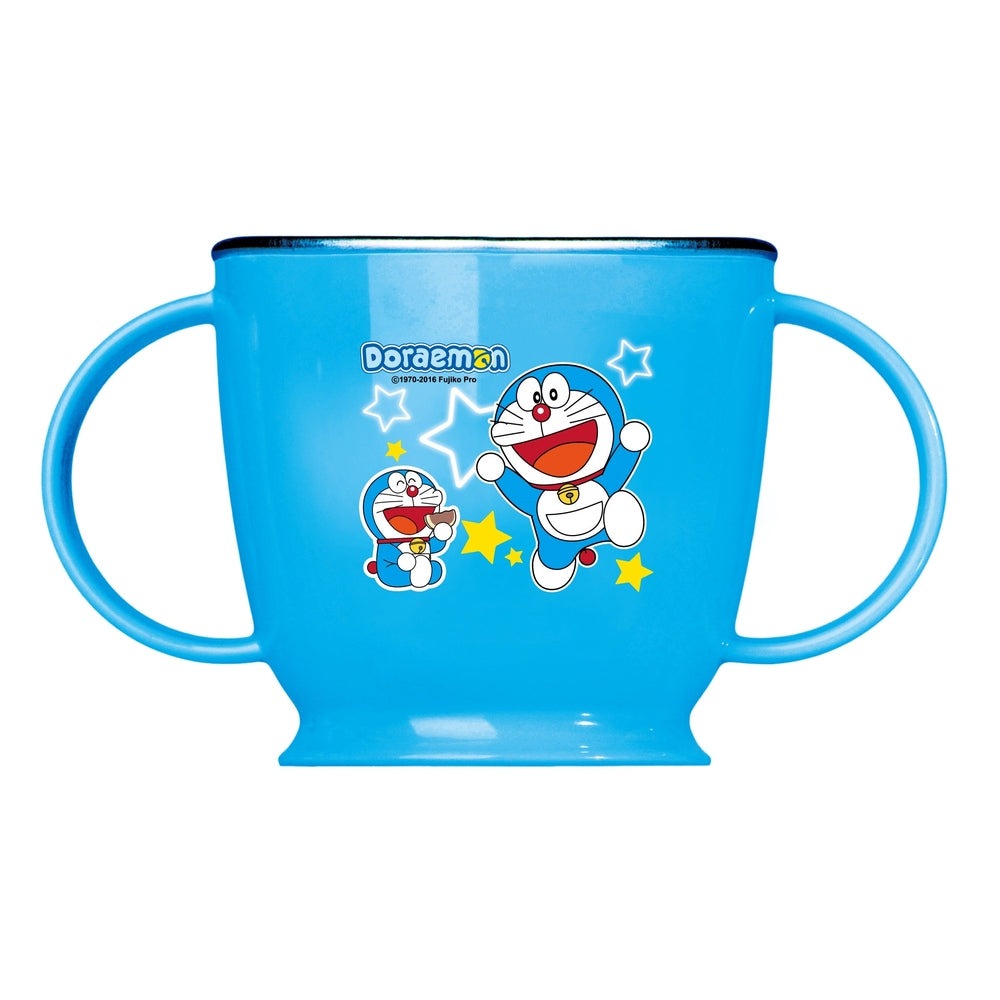 EDISON Doraemon non-slip stainless double-handle cup in blue featuring Doraemon and stars.