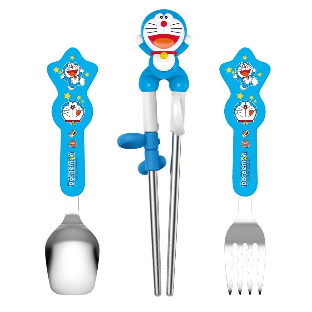 Edison Doraemon stainless cutlery set with spoon, fork and two chopsticks; blue handles featuring Doraemon graphics