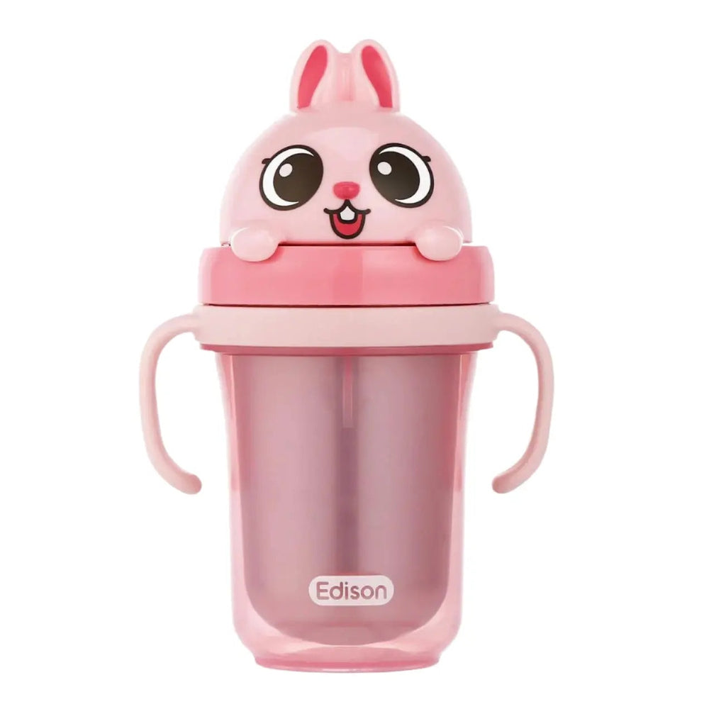 Edison Dual Stainless Straw Cup pink with bunny lid and side handles, designed for easy gripping and sipping.
