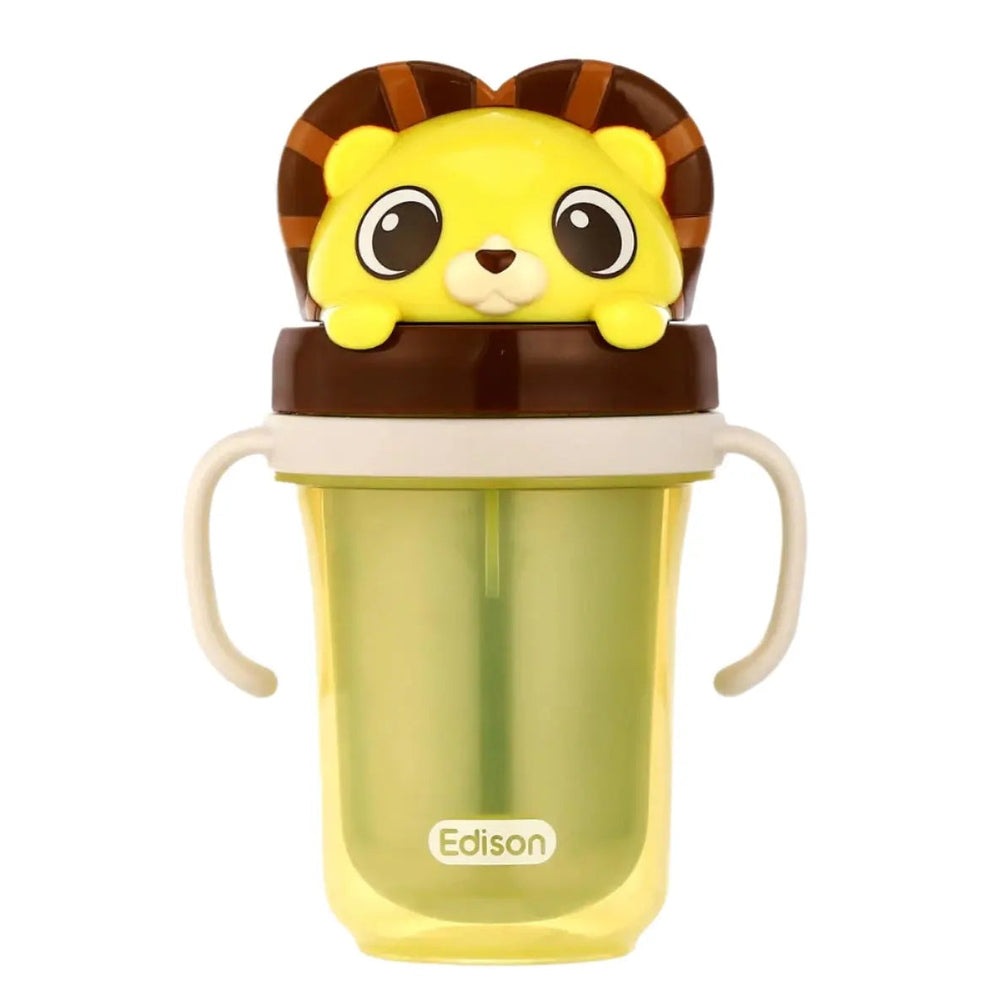 Edison Dual Stainless Straw Cup in yellow-green with a lion head lid, brown mane, and two side handles