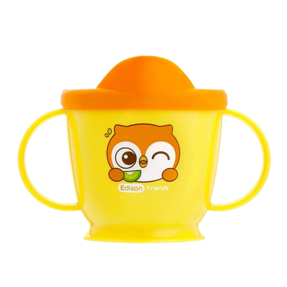 Edison First Training Stainless Double Handle Cup, bright yellow with orange lid and dual handles for toddler sipping.