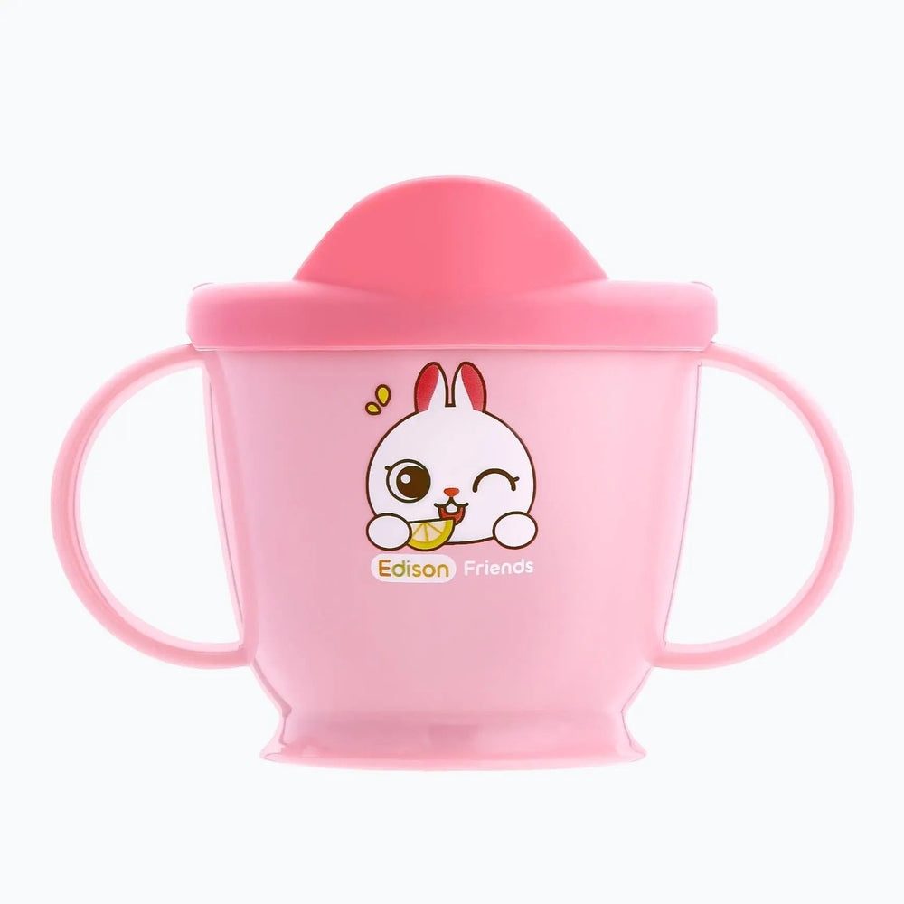 Edison First Training Stainless Double Handle Cup, pink plastic body with bunny graphic and dual handles.