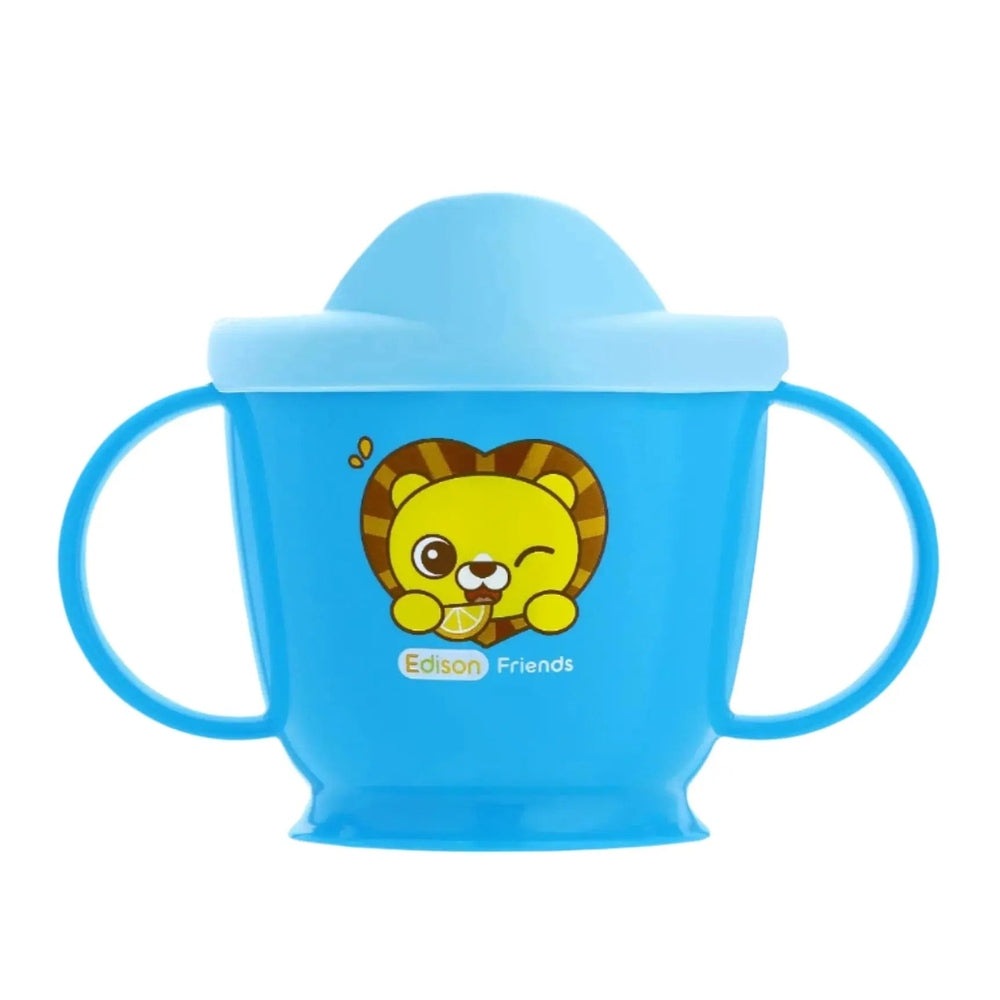 Edison First Training Stainless Double Handle Cup, blue with lid; toddler grips dual handles beside the lion graphic.