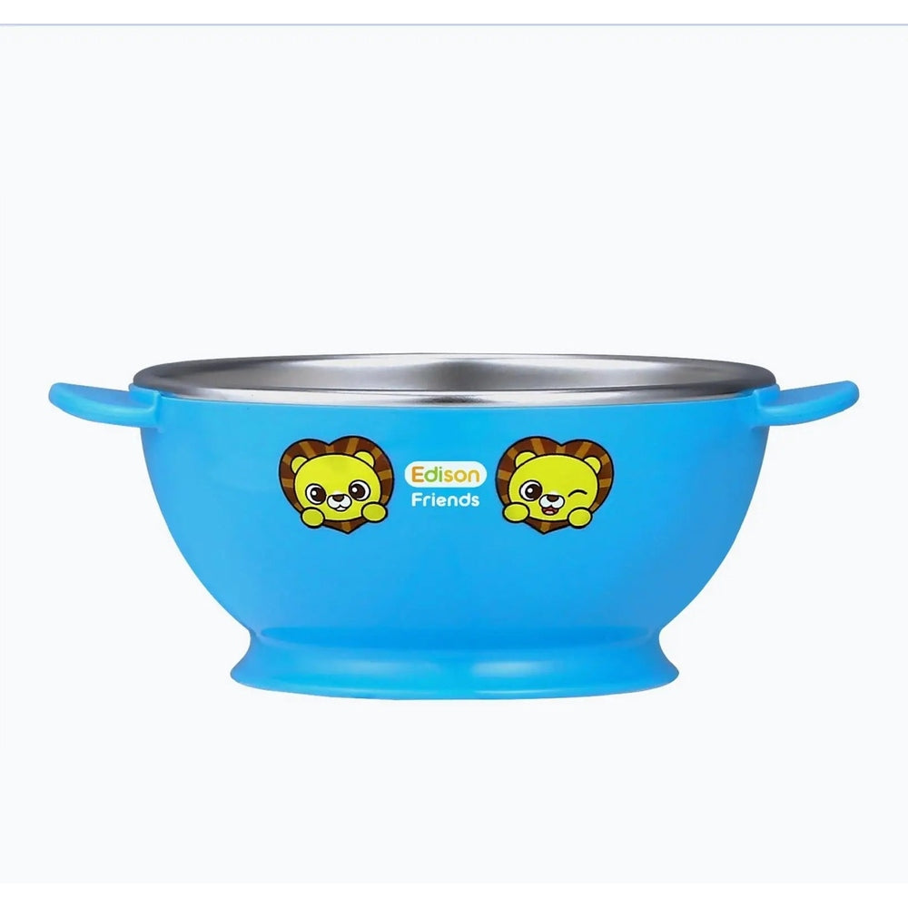 Edison Non Slip Stainless Rice Bowl, blue with two handles and stainless interior, featuring lion decals.