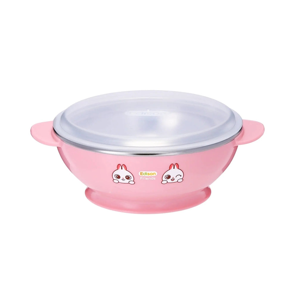 Edison Non Slip Stainless Soup Bowl & Cover pink bowl with clear lid, bunny graphics and stabilized base