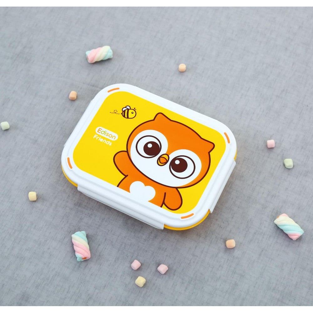 Edison Owl dual non-slip stainless lunch box with pouch, yellow lid and cute cartoon owl.