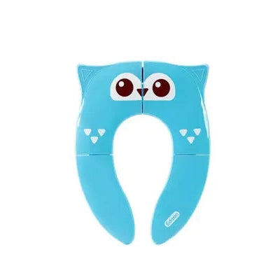 Edison Portable Folding Potty Seat in blue owl design, showing foldable sections and grip-friendly edges