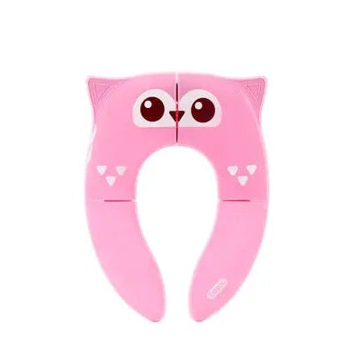 Edison Portable Folding Potty Seat in pink owl design, shown folded for travel and quick potty training.