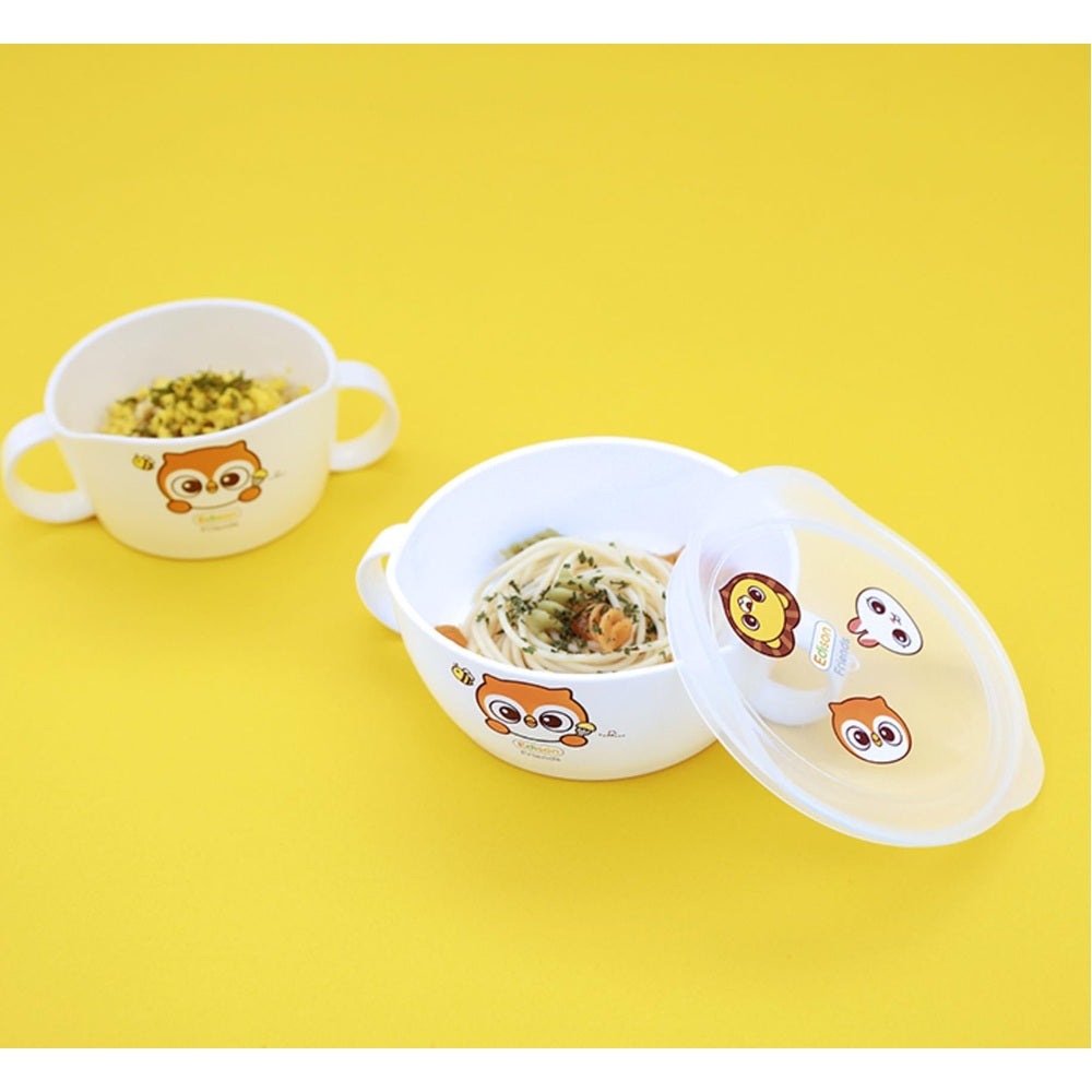 EDISON Edison Self Big Bowl set of 2, white toddler feeding bowls with orange owl logo, clear lids, microwave-safe